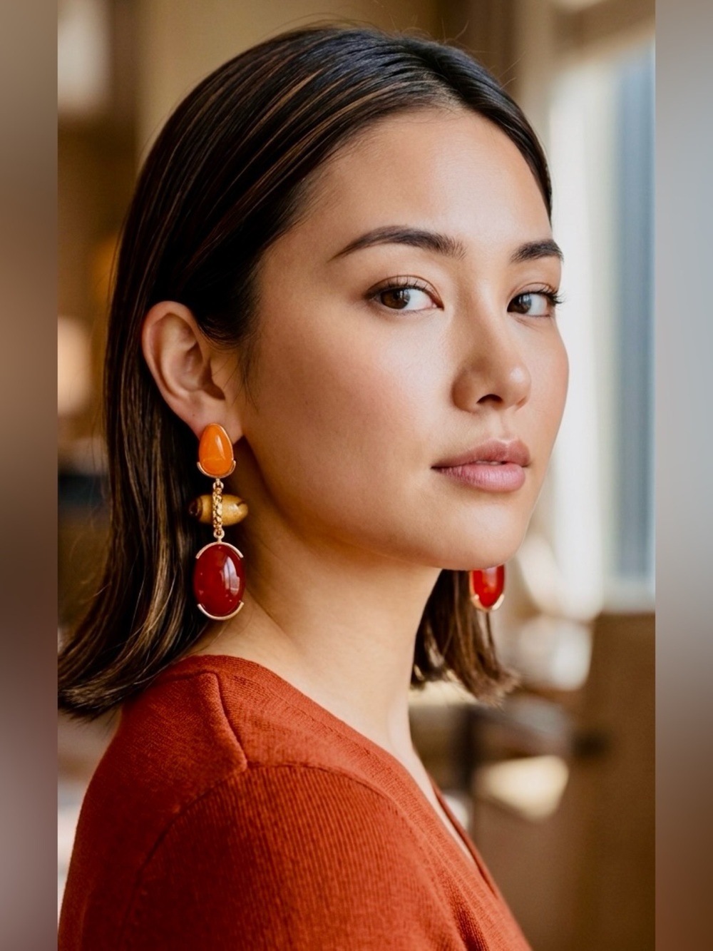 Statement Earrings | Orange, Gold & Deep Red Resin Dangle Earrings | Boho Glam